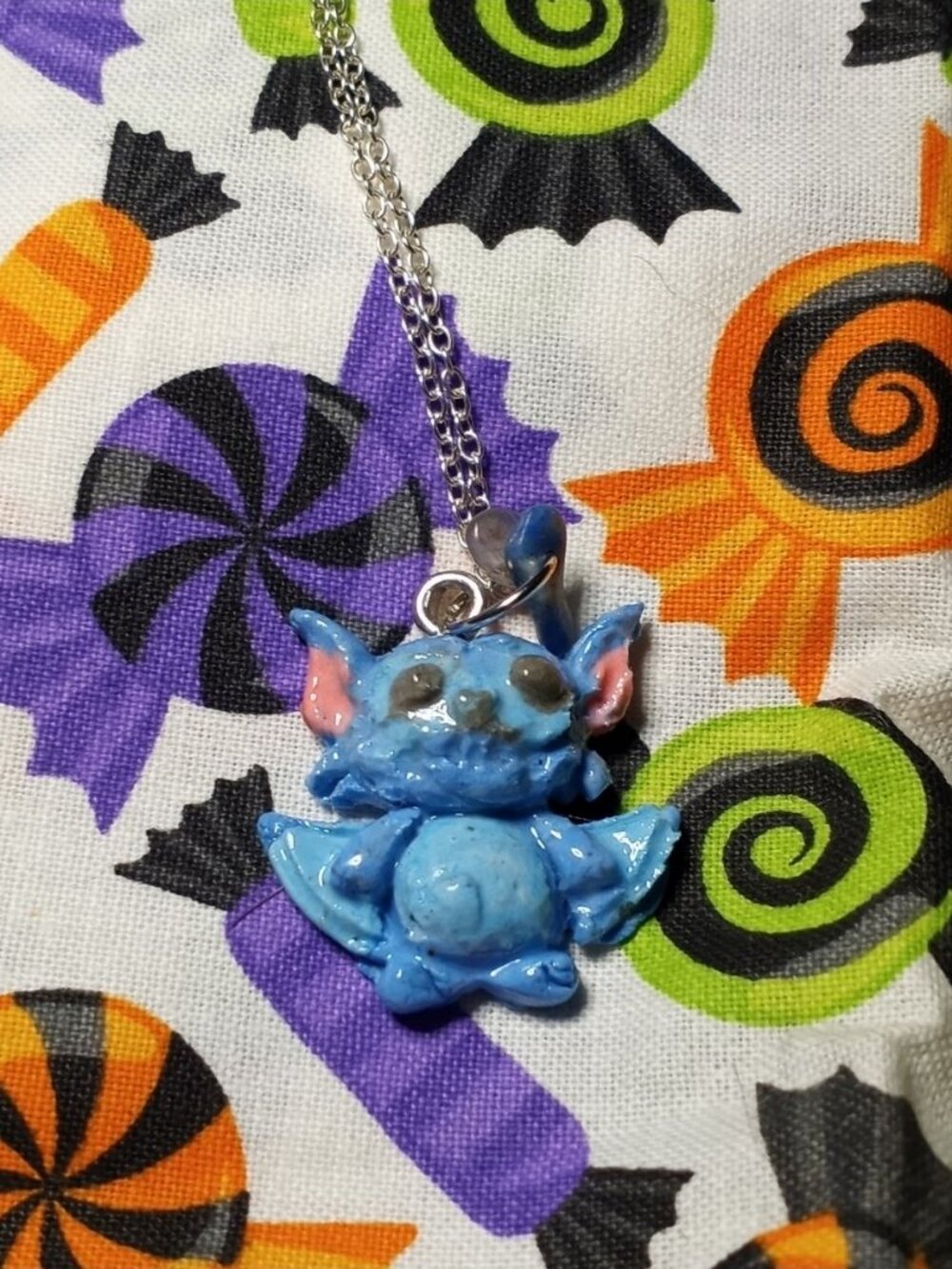 Handmade Blue Bat Necklace | Polymer Clay Halloween 18in Silver